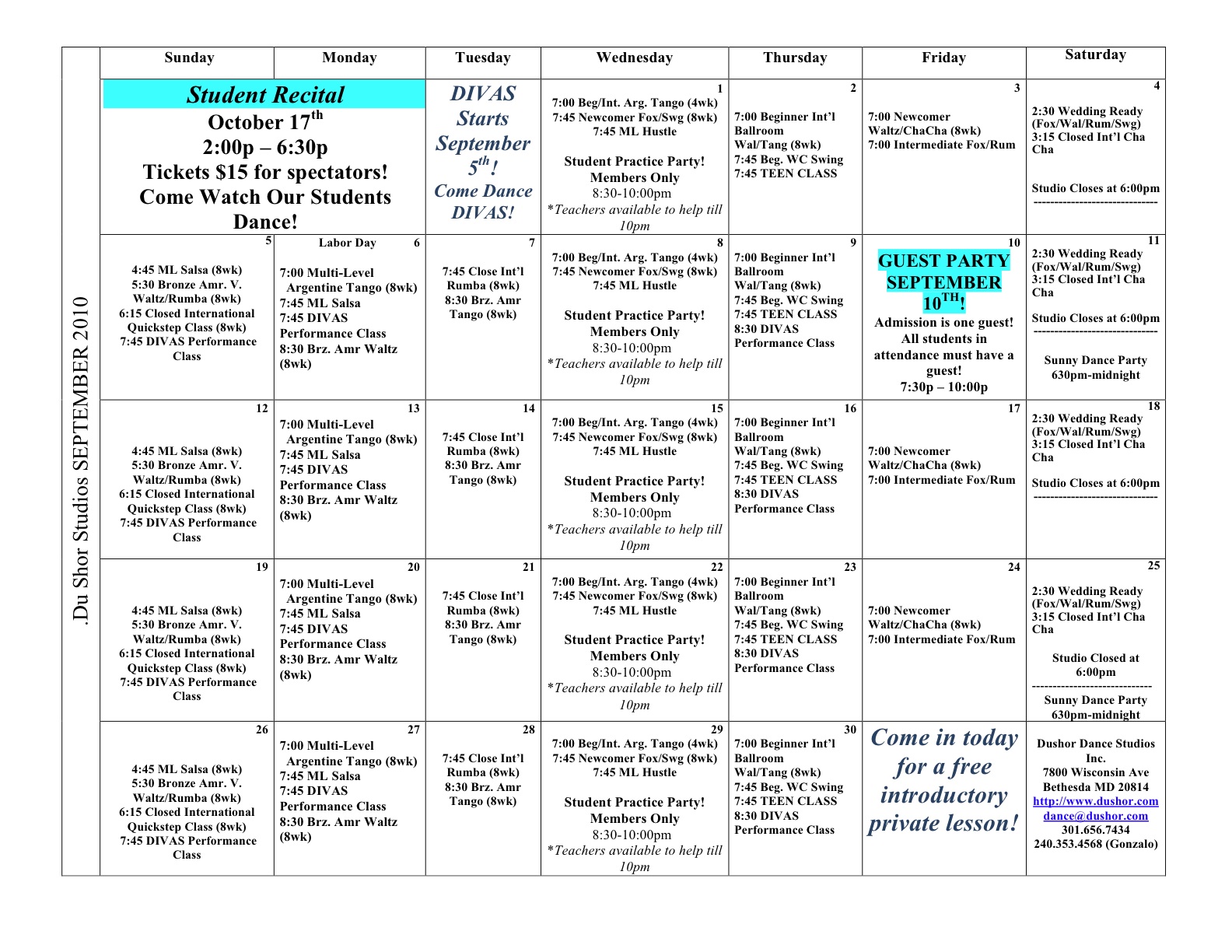 August Calendar for Dushor Dance Studios